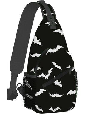Unisex White Black Halloween Bat Sling Backpack Travel Hiking Crossbody Bag